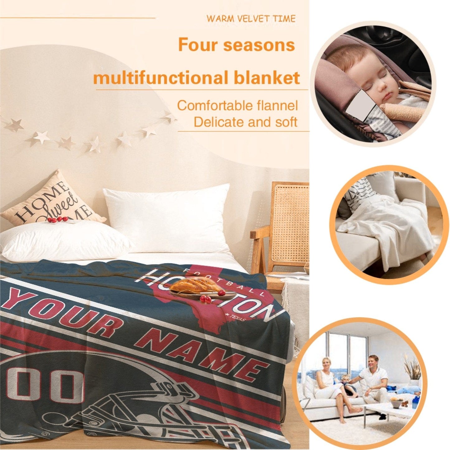Personalized Football HOUSTON Custom Fans Add Name Number Blanket