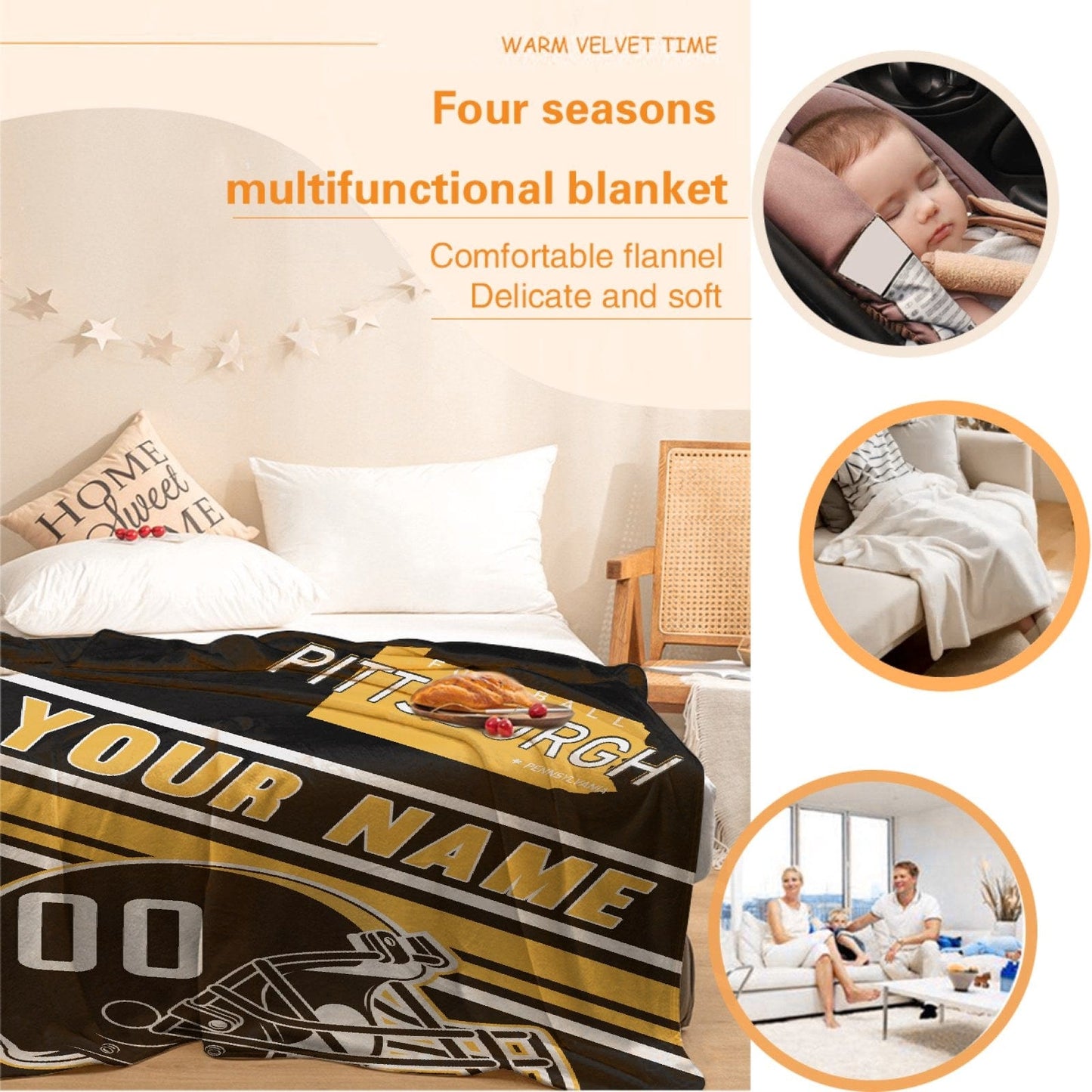 Personalized Football PITTSBURGH Custom Fans Add Name Number Blanket