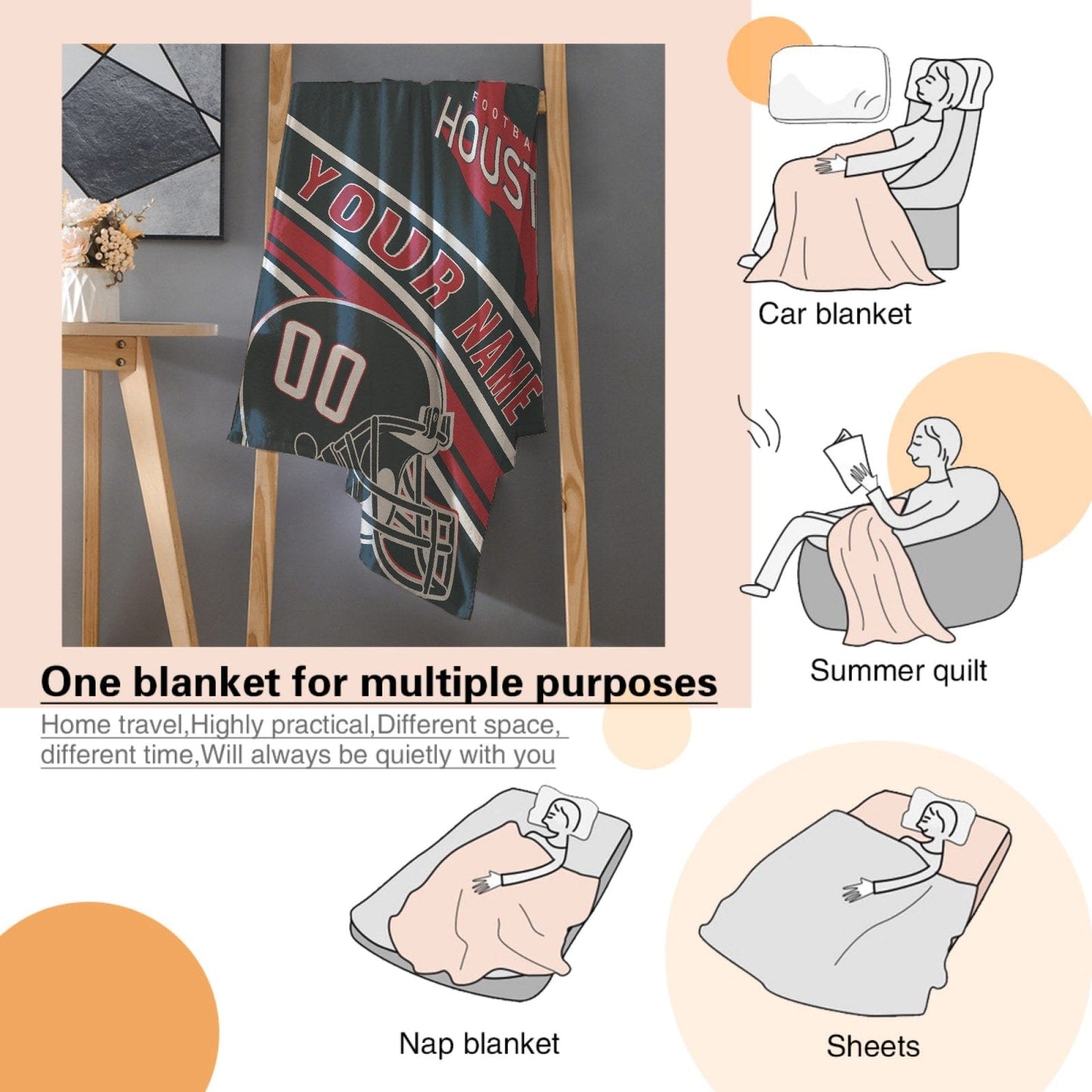 Personalized Football HOUSTON Custom Fans Add Name Number Blanket