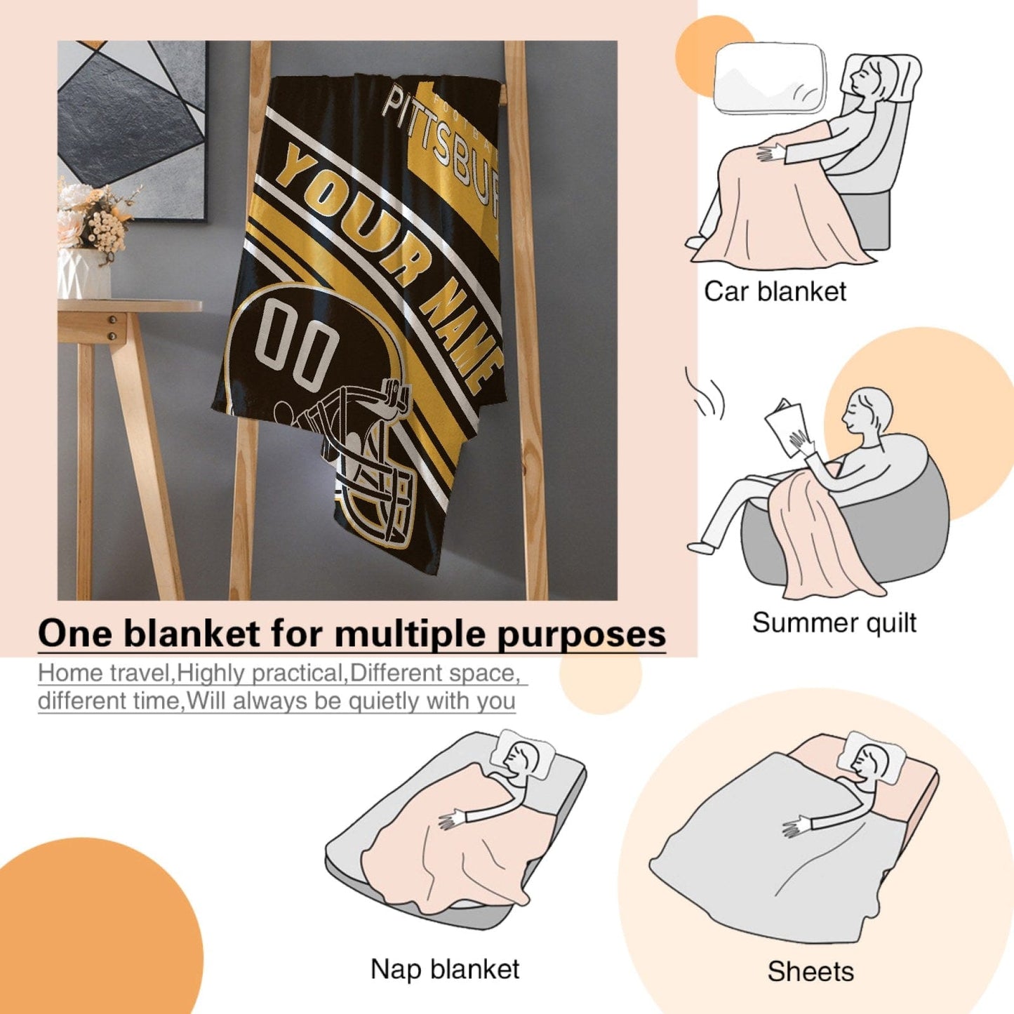 Personalized Football PITTSBURGH Custom Fans Add Name Number Blanket