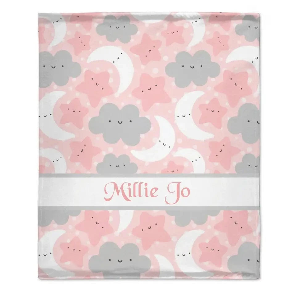 Personalized Pink Blue Moon Stars Clouds Baby Blanket