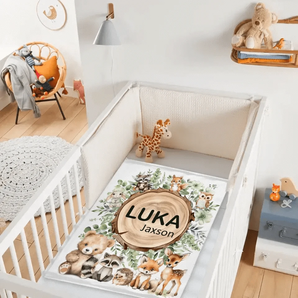 Woodland Stump Announcement Small Animal Friends Baby Name Blanket - Forest Animals Bear Fox Raccoon Deer