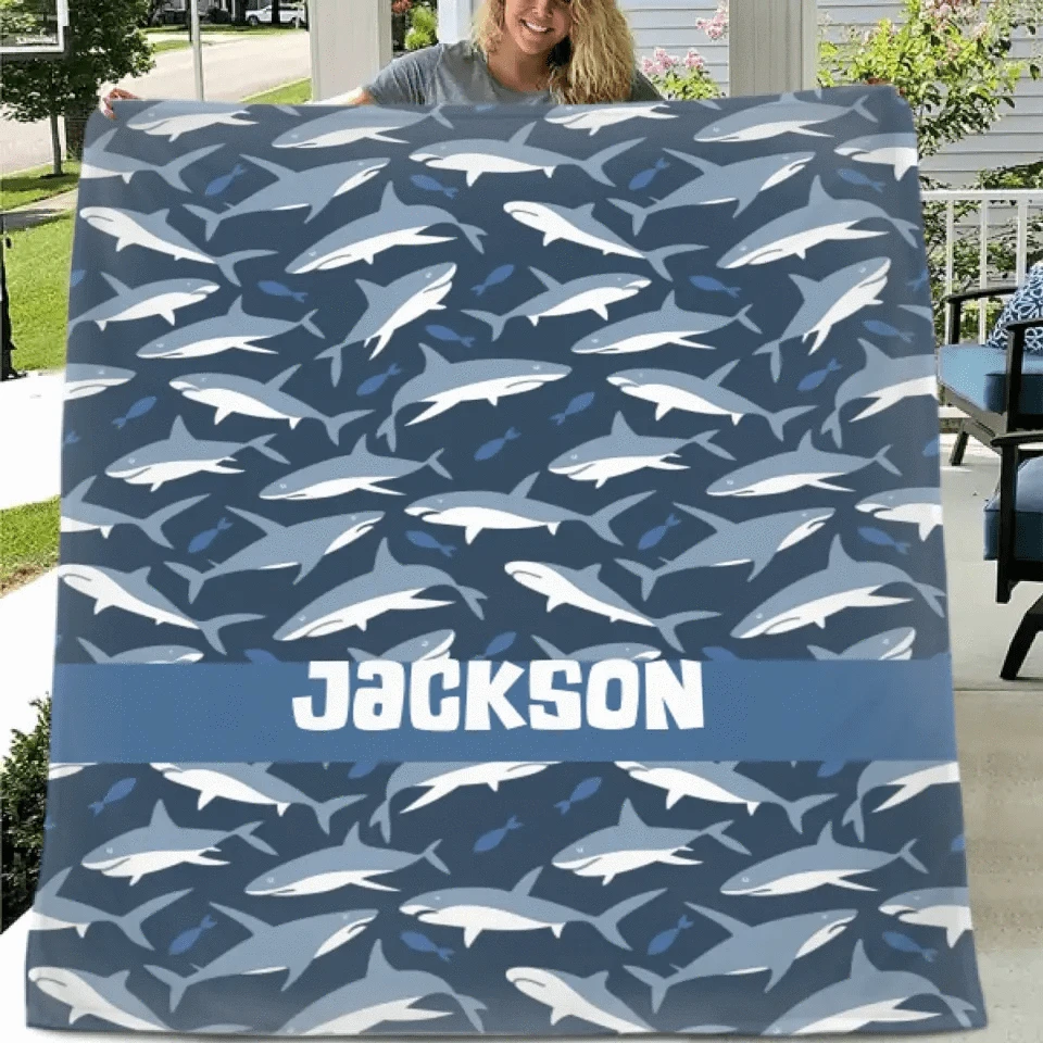Nautical Shark Theme Personalized Name Custom Blanket - Gift For Children