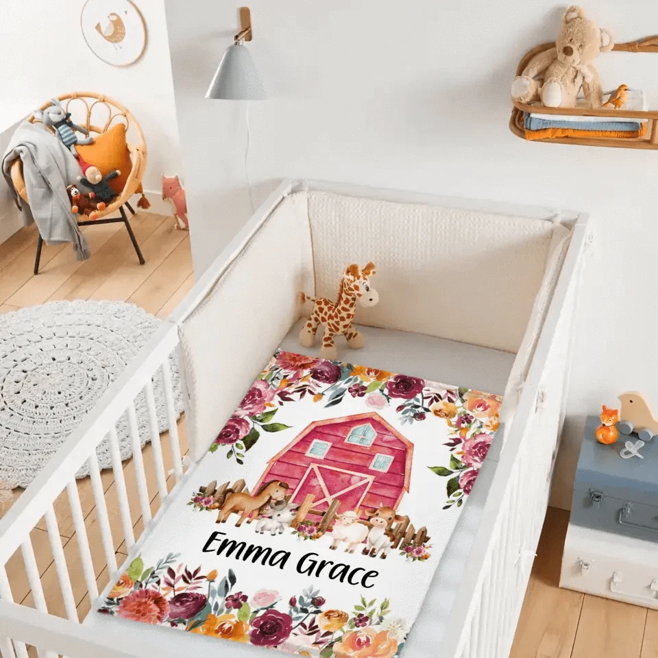 Floral Girl Farm Animal Blanket, Personalized Baby Girl Name Custom Blanket