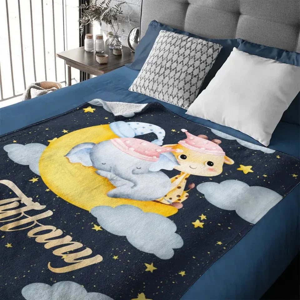 Personalized Elephant Giraffe Baby Name Blanket - Gift For Baby Toddler