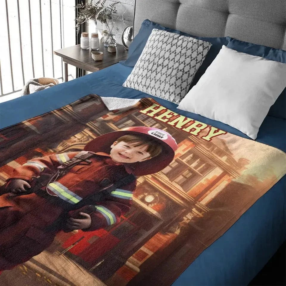 Custom Kids Gift Blanket With Photo Name, Personalized Firefighter Boy Blanket, Custom Boy Firefighter Gifts
