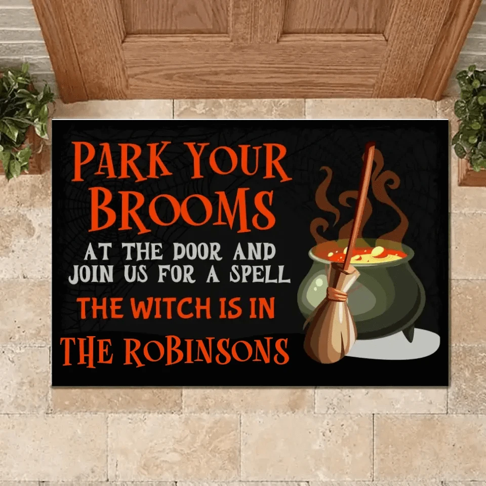 Park Your Brooms and Join Us for a Spell - Personalized Decorative Mat, Halloween Gift.