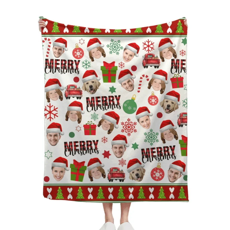 Family Customized Photo Christmas Themed Blanket - Warm Christmas Personalized Family Member Photo Soft Flannel Blanket - Christmas Gift For Family