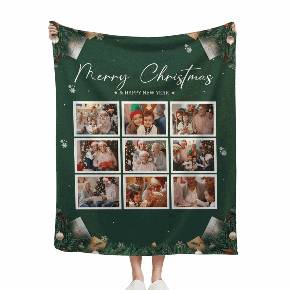 Customizable Christmas Home Blanket with 9 Photos - Christmas Themed Personalized Family Photo Soft Flannel Blanket - Christmas Gift For Family,Party