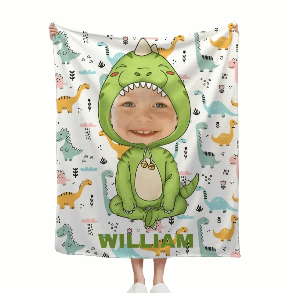 Customised Dinosaur Blanket - Personalised Name and Photo Dinosaur Clothes Pattern Blanket - A Gift For Children,Grandchildren,Boy,Girl,Dinosaur Lovers