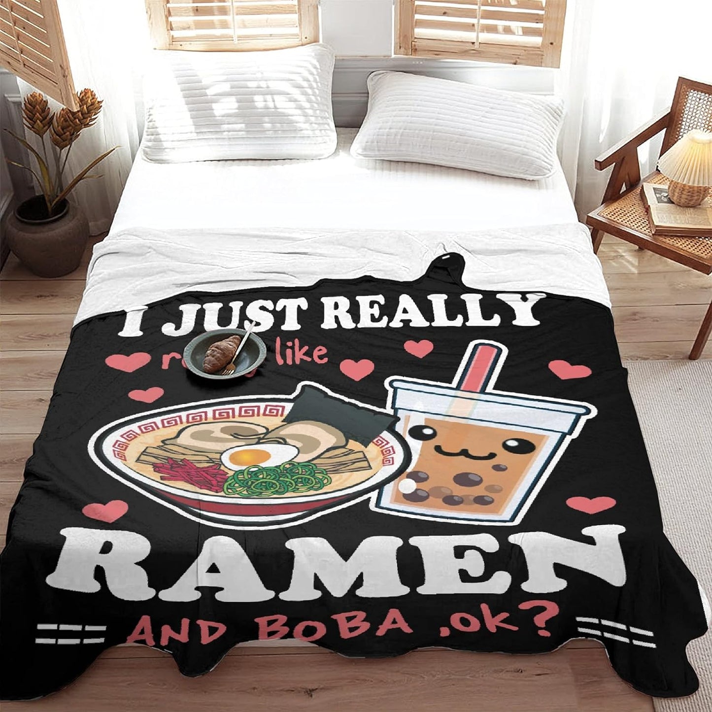 Ramen Boba Blanket Anime Fleece Throws, Kawaii Gift for Girls Teen Loves Noodles Bubble Tea 40x50 Inches Super Soft Lightweight Flannel Blankets, Suitable for All-Season and Bed Sofa