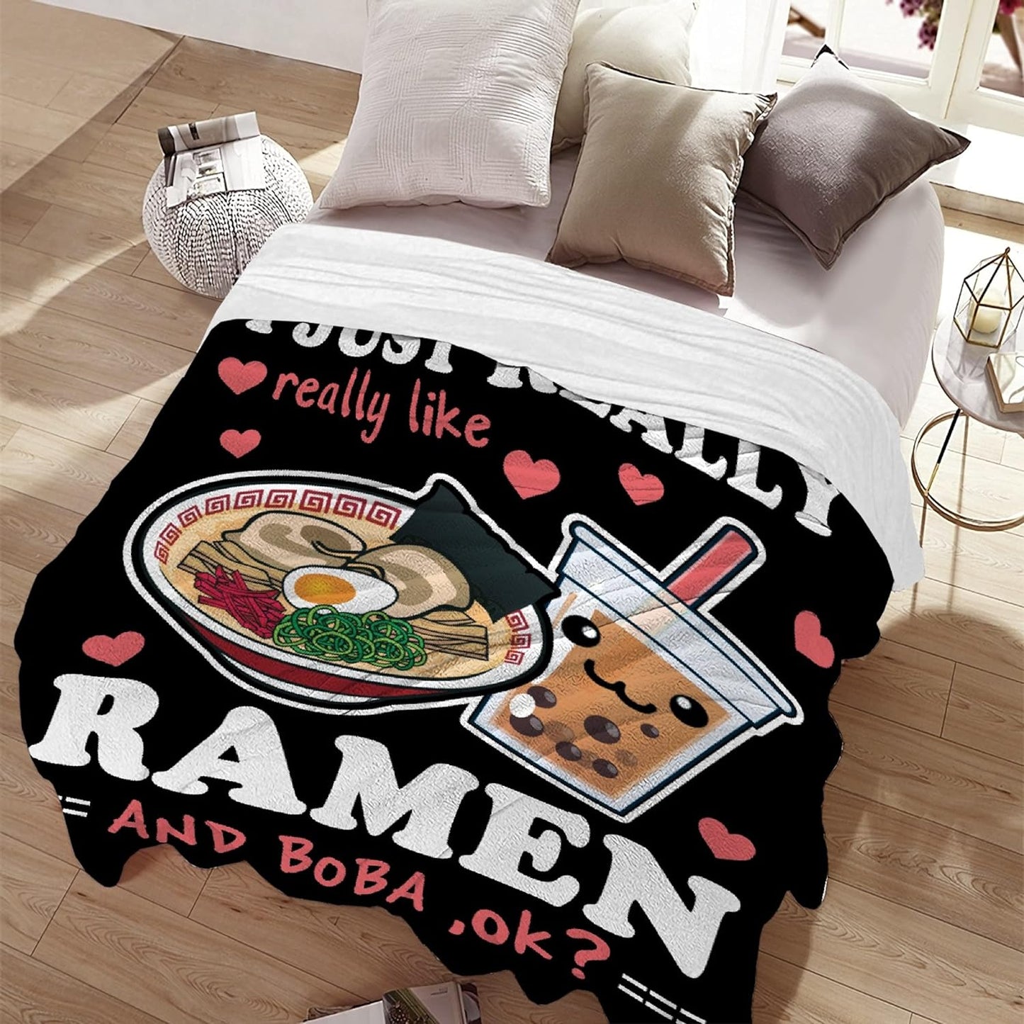 Ramen Boba Blanket Anime Fleece Throws, Kawaii Gift for Girls Teen Loves Noodles Bubble Tea 40x50 Inches Super Soft Lightweight Flannel Blankets, Suitable for All-Season and Bed Sofa
