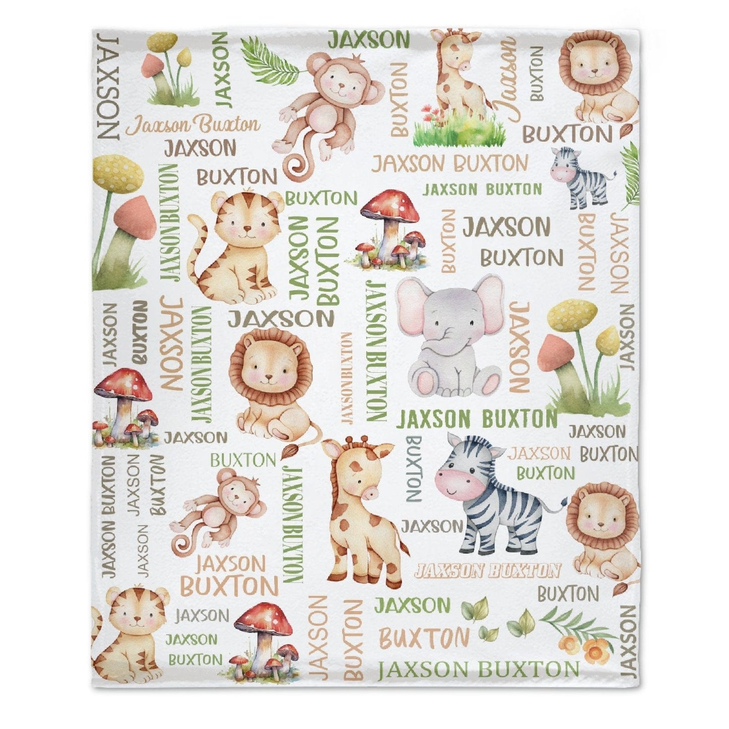 Custom Name Safari Animals Lion Giraffe Elephant Baby Blanket