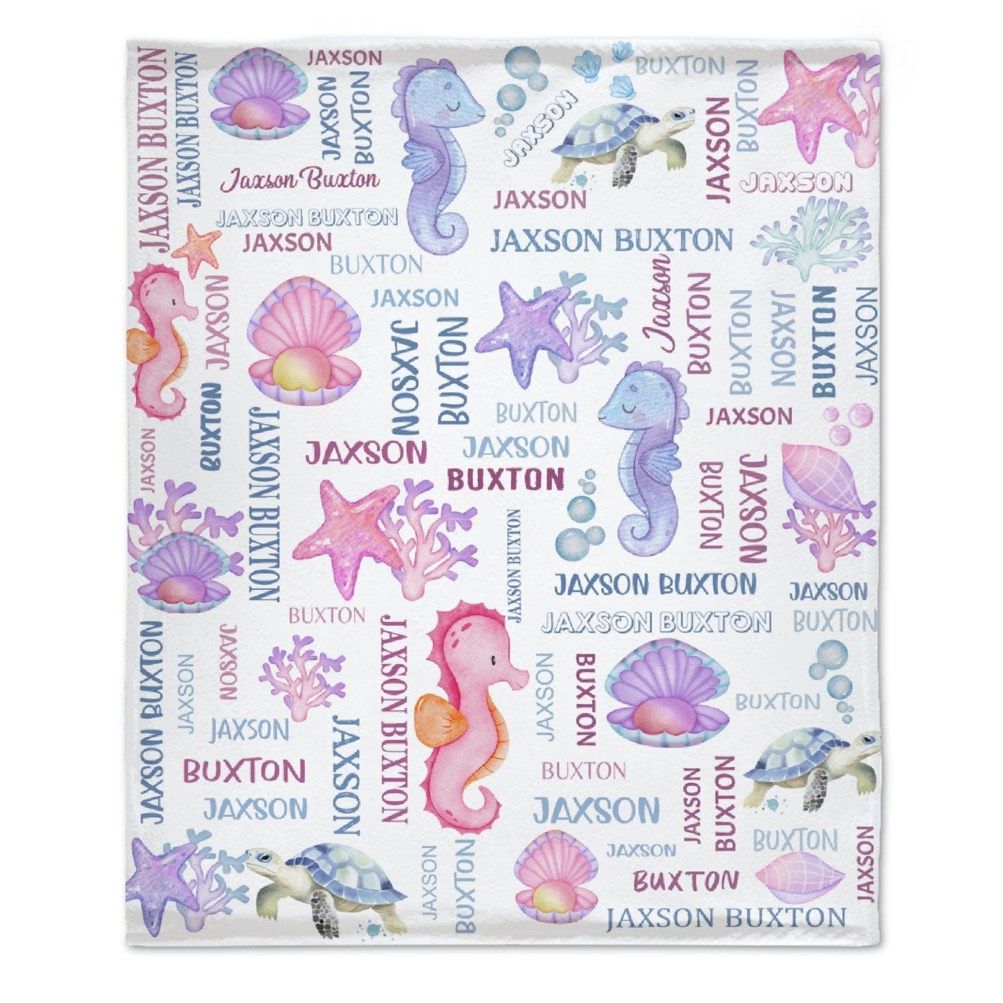Custom Name Underwater Seahorse Coral Pearl Baby Blanket