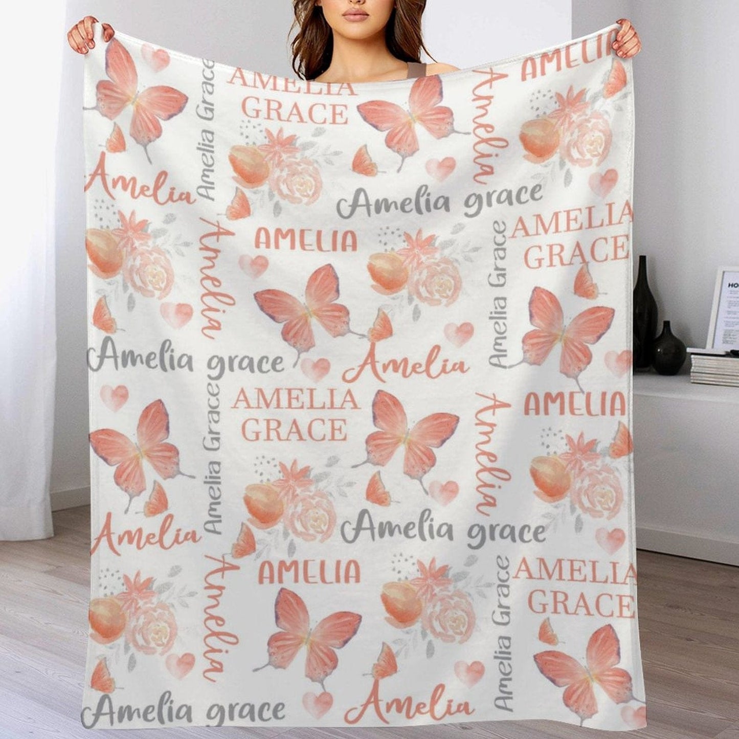 Personalized Butterfly Coral Floral Baby Girl Name Blanket
