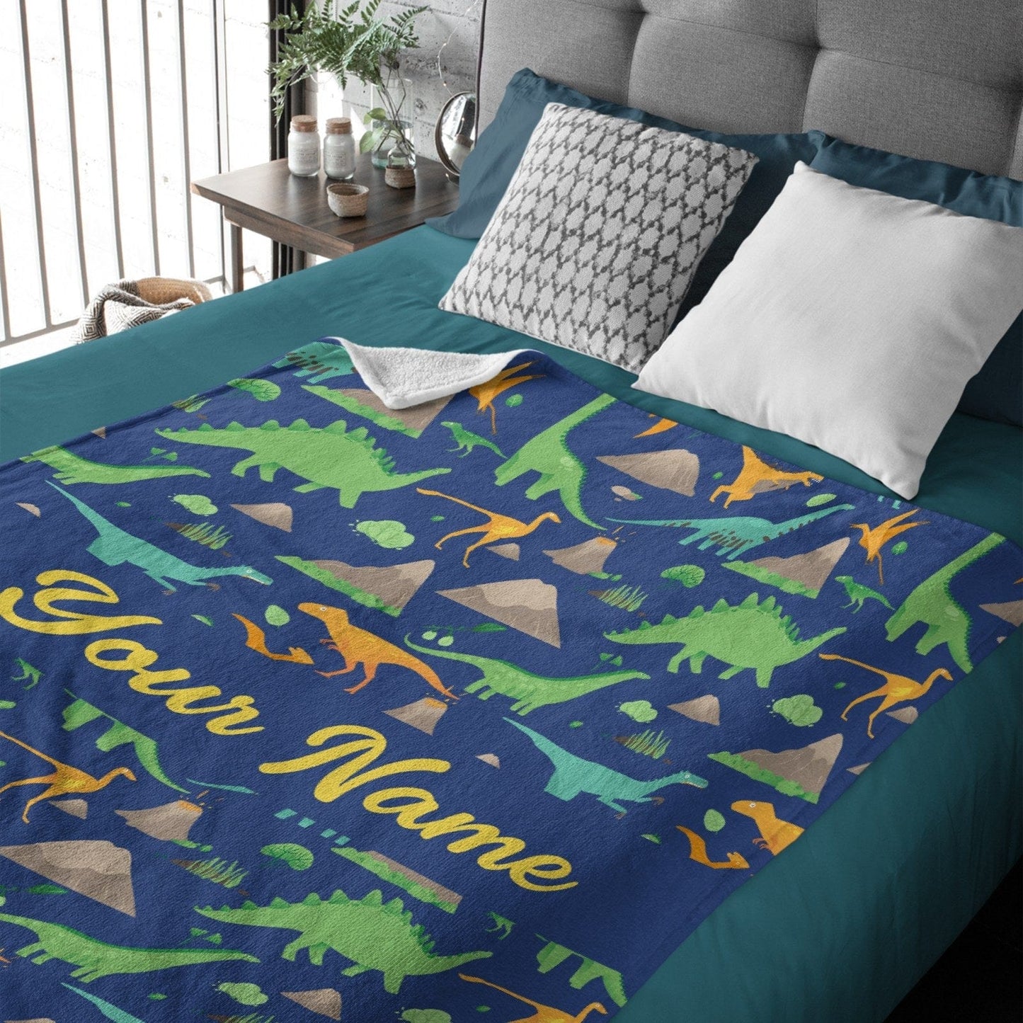 Personalized Custom Dark Blue Dinosaur Blanket for Kids - Boys Girls Baby Toddler Infants Blankets for Bed