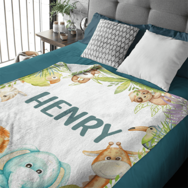 Personalized Custom Name Jungle Cute Animals Baby Blanket - Baby Shower Gifts
