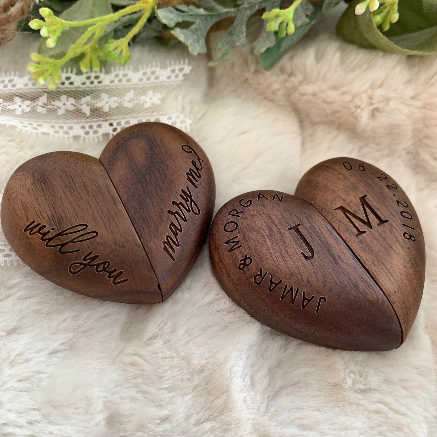 Custom Engraved Wood Heart Ring Box