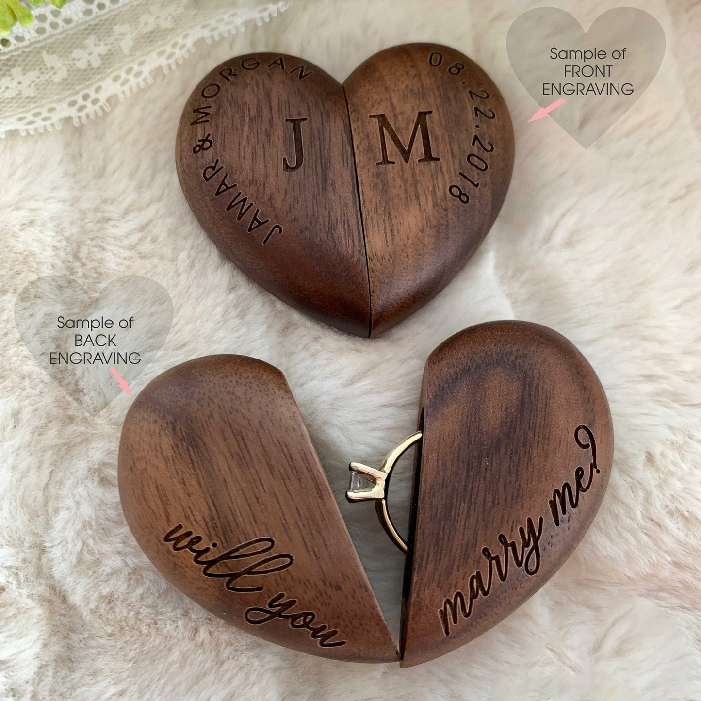 Custom Engraved Wood Heart Ring Box