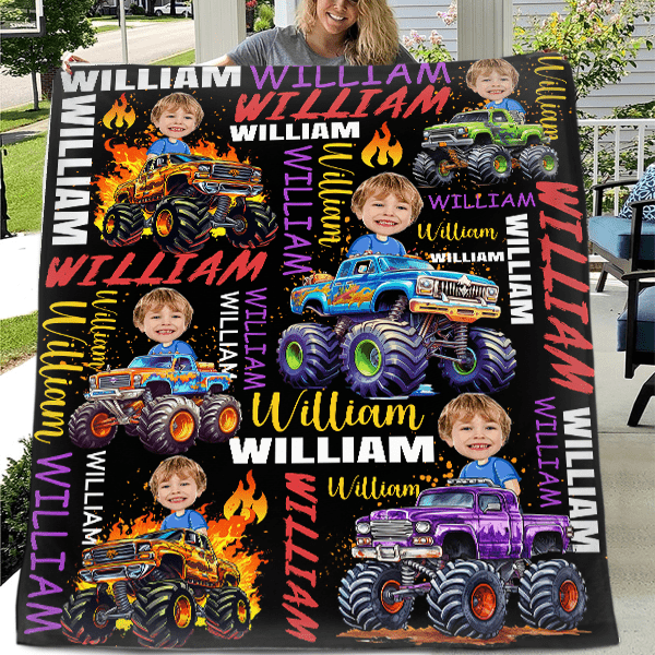 Personalized Custom Blankets for Boys Driving Trucks - Custom Name Blankets - Gifts for Kids