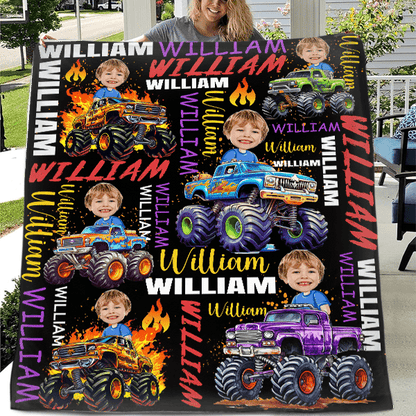 Personalized Custom Blankets for Boys Driving Trucks - Custom Name Blankets - Gifts for Kids