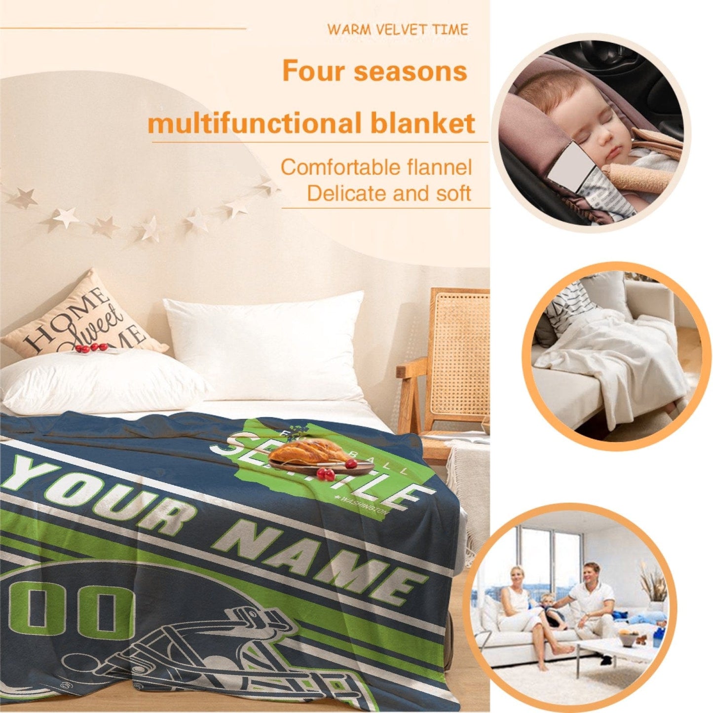 Personalized Football SEATTLE  Custom Fans Add Name Number Blanket