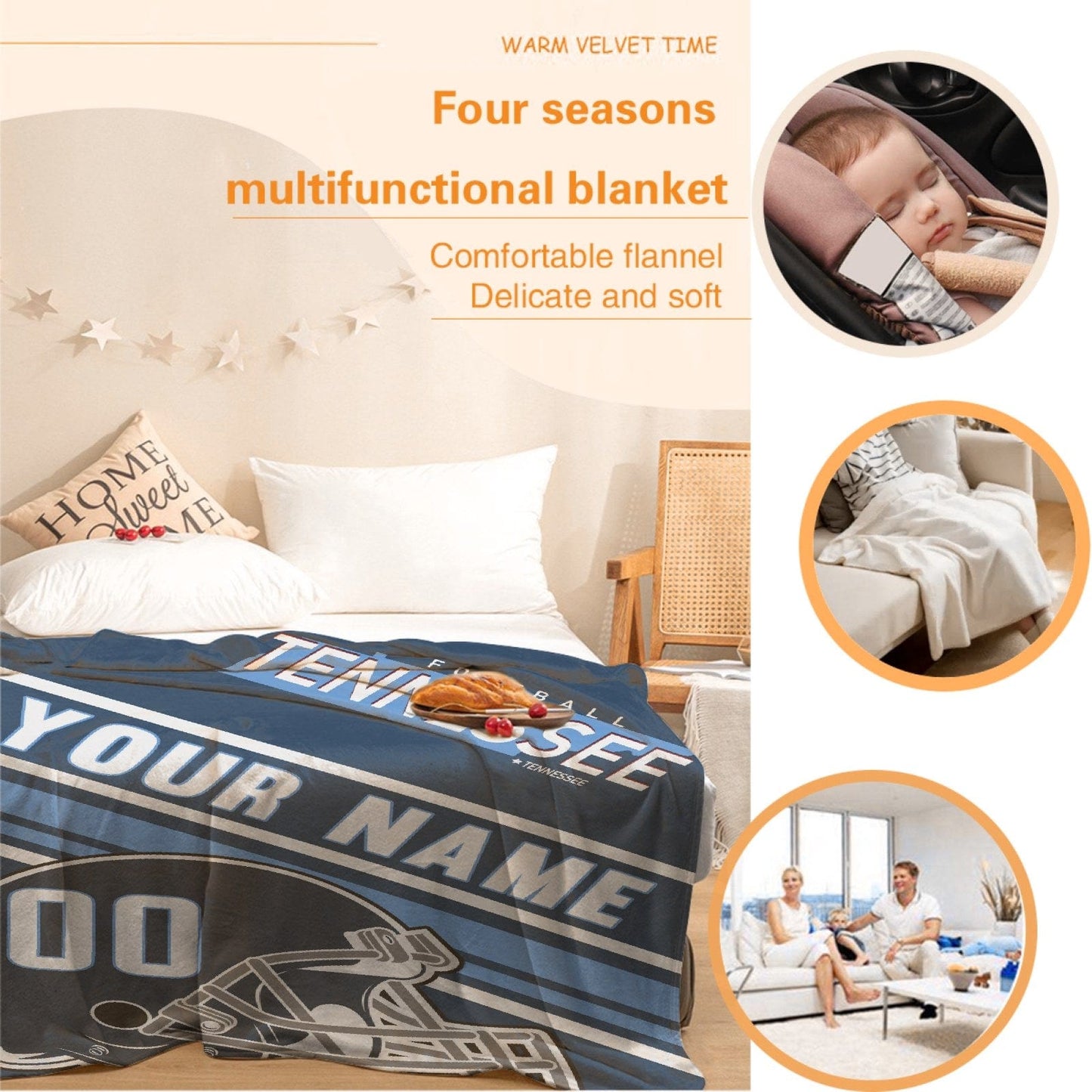 Personalized Football TENNESSEE  Custom Fans Add Name Number Blanket