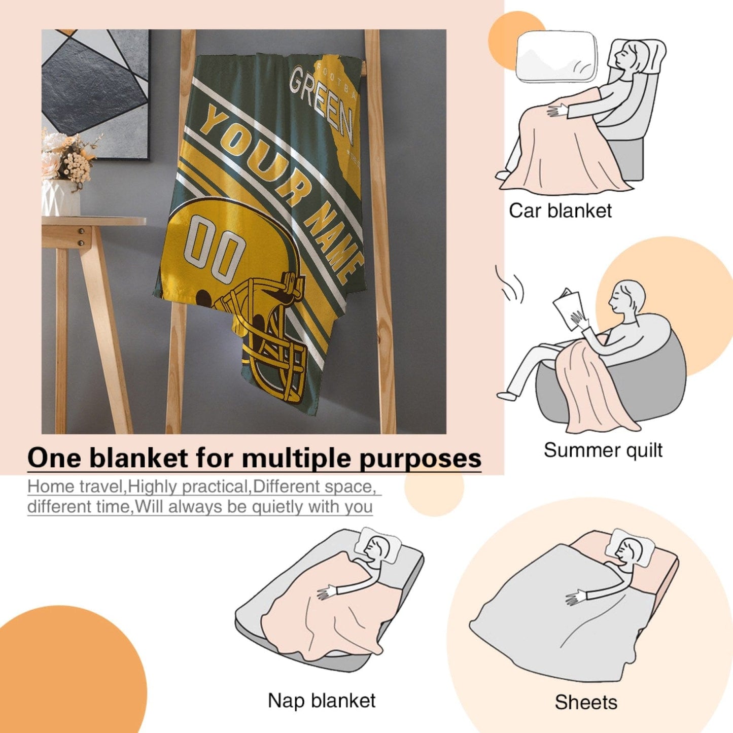 Personalized Football GREEN BAY  Custom Fans Add Name Number Blanket