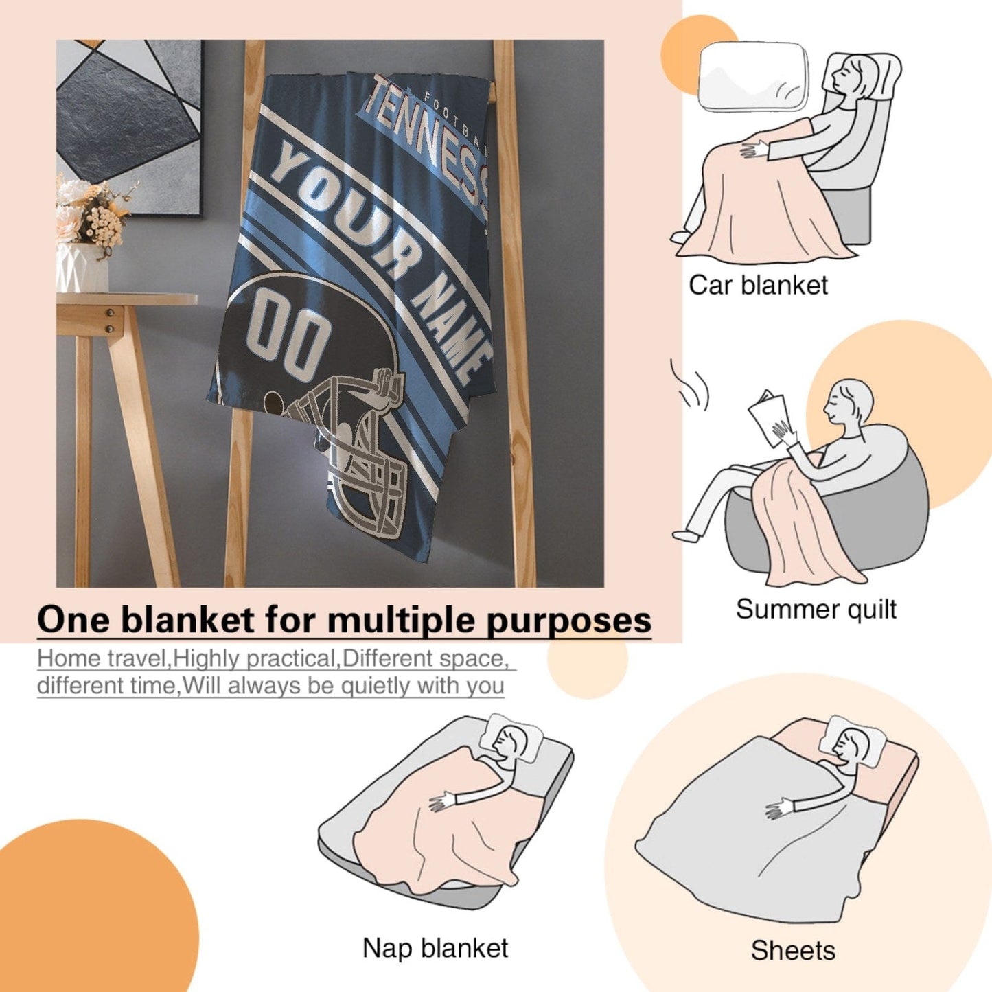 Personalized Football TENNESSEE  Custom Fans Add Name Number Blanket