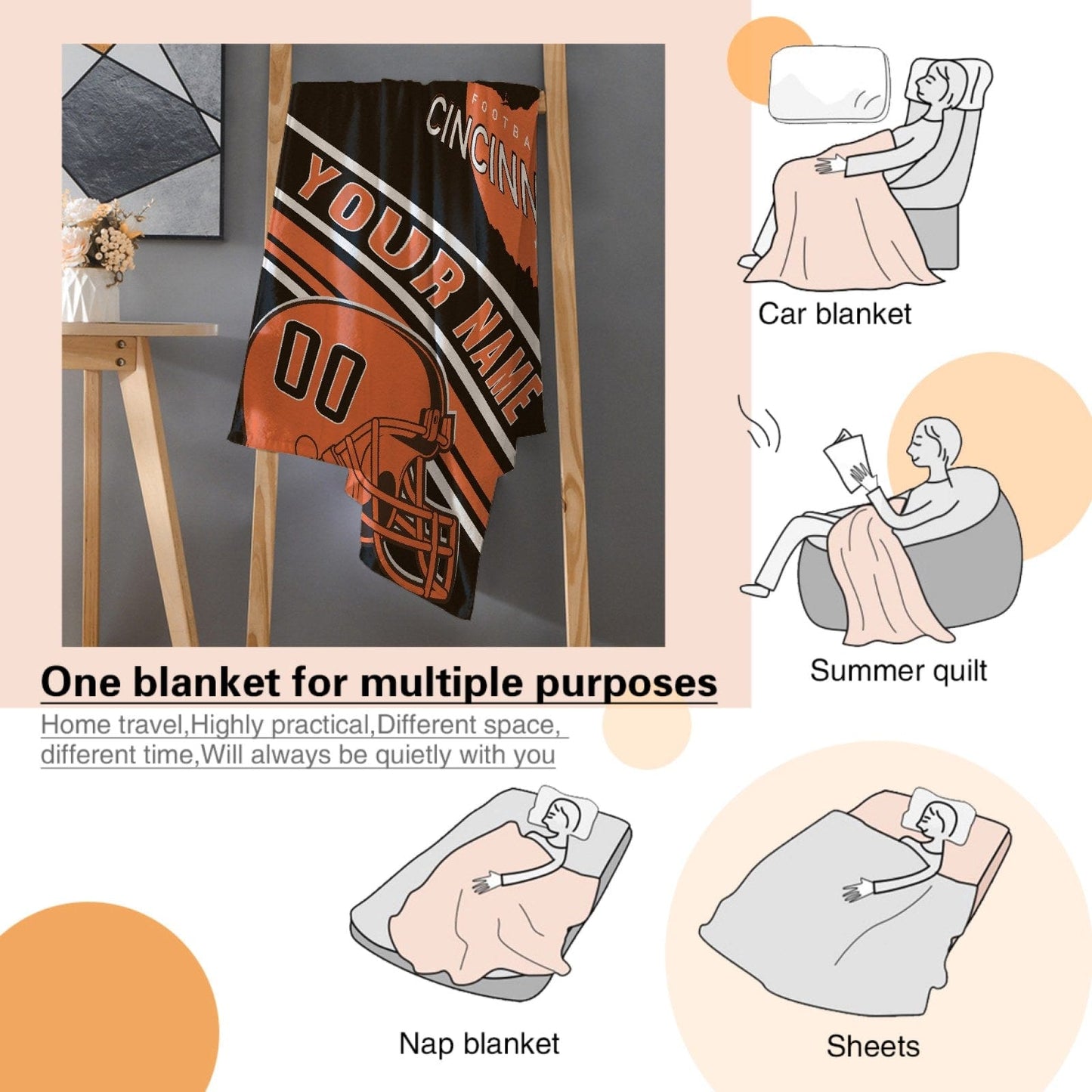 Personalized Football CINCINNATI Custom Fans Add Name Number Blanket