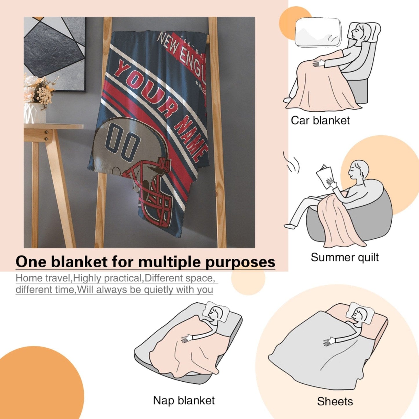 Personalized Football NEW ENGLAND  Custom Fans Add Name Number Blanket