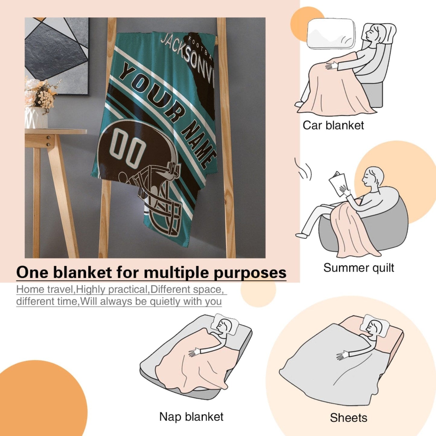 Personalized Football JACKSONVILLE Custom Fans Add Name Number Blanket