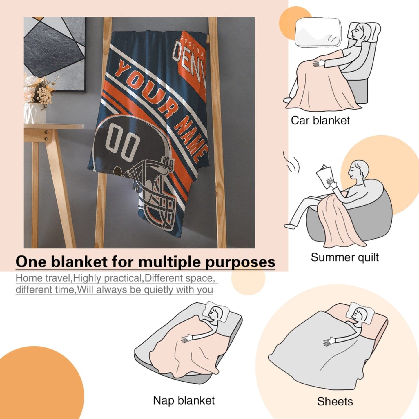 Personalized Football DENVER  Custom Fans Add Name Number Blanket