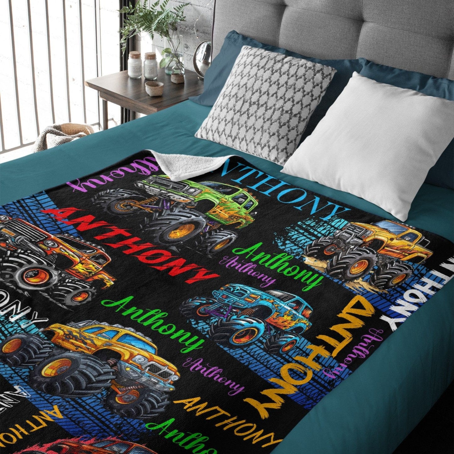 Monster Truck - Personalised Name Multi Colour Truck Pattern Blanket - A Gift For Child