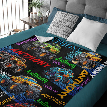 Monster Truck - Personalised Name Multi Colour Truck Pattern Blanket - A Gift For Child
