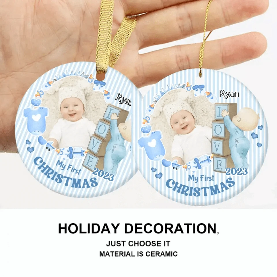 Personalized Newborn Gift Baby First Xmas Photo Ceramic Circle Ornament