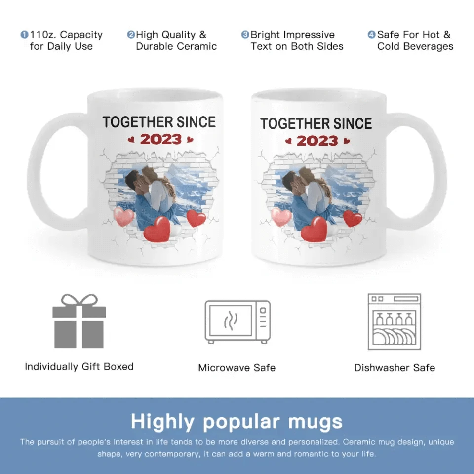Couple Spouse Custom Photo Personalized White Mug - Together Since Stone Heart