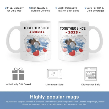 Couple Spouse Custom Photo Personalized White Mug - Together Since Stone Heart