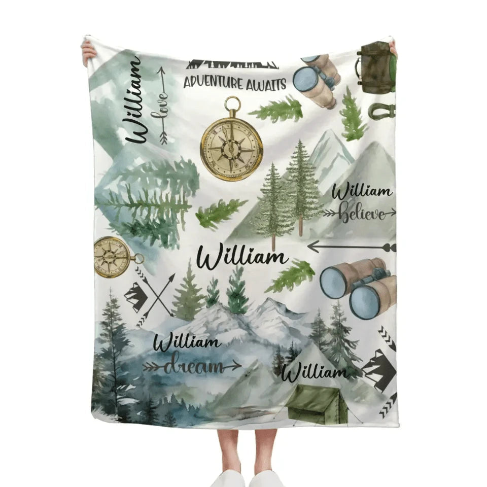 Personalized Mountain Camping Baby Name Blanket, Adventure Awaits Baby Blanket, Funny Gift Blanket