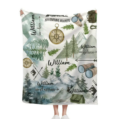 Personalized Mountain Camping Baby Name Blanket, Adventure Awaits Baby Blanket, Funny Gift Blanket