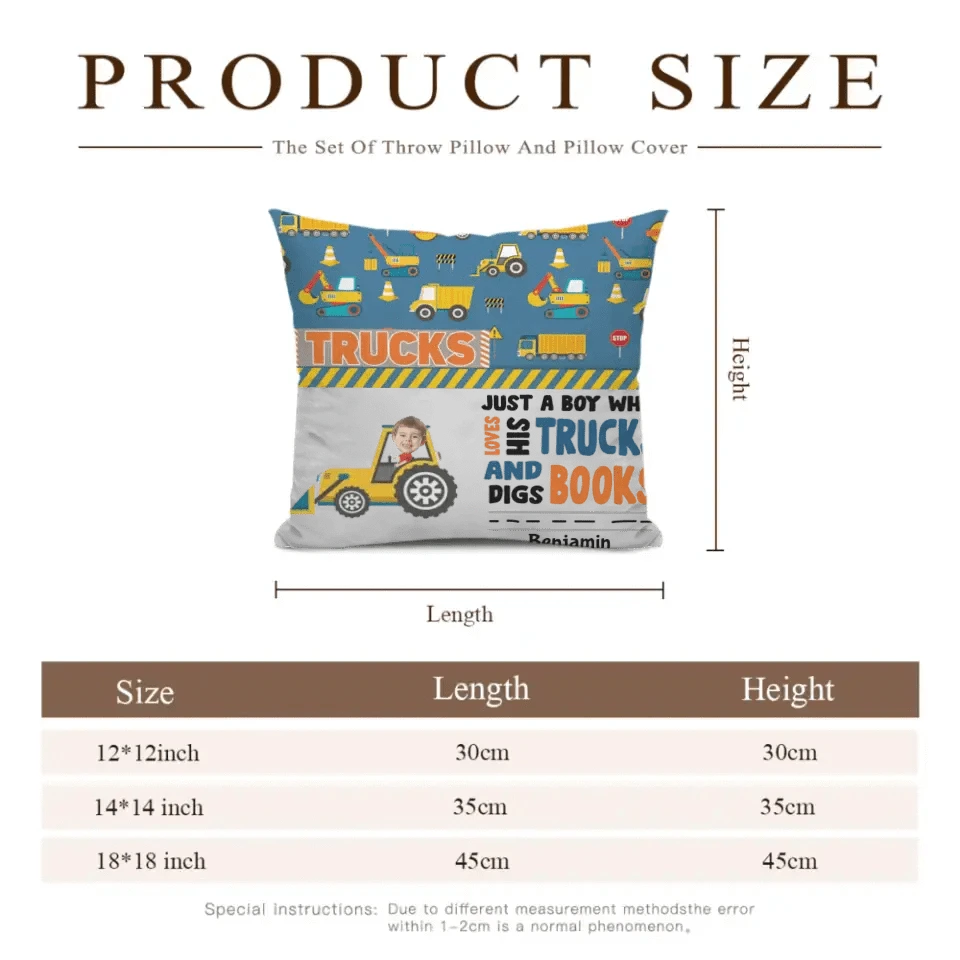 Personalized Custom Photo Pillow - Boy Loves Trucks And Digs Books