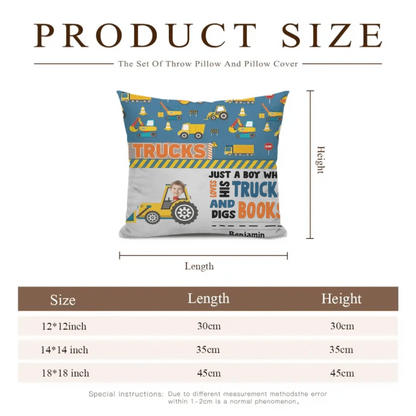 Personalized Custom Photo Pillow - Boy Loves Trucks And Digs Books