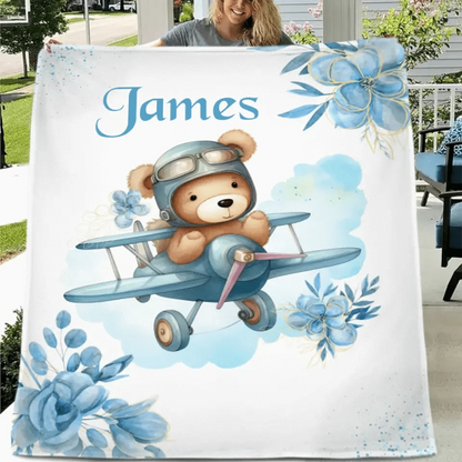 Personalized Blue Airplane Bear Name Blanket