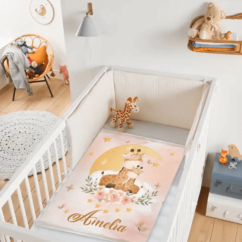 Sleeping Baby Animals on Moon, Personalized Baby Name Blanket