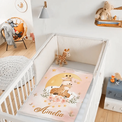 Sleeping Baby Animals on Moon, Personalized Baby Name Blanket