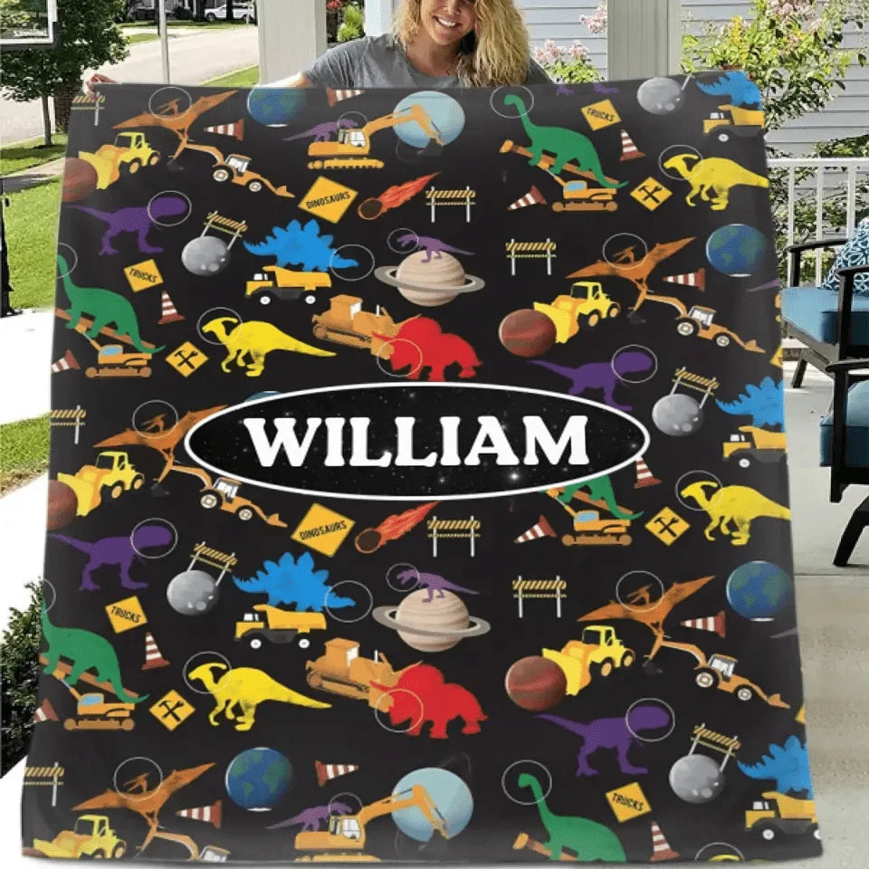 Construction Trucks Planet Dinosaurs in Space Blanket