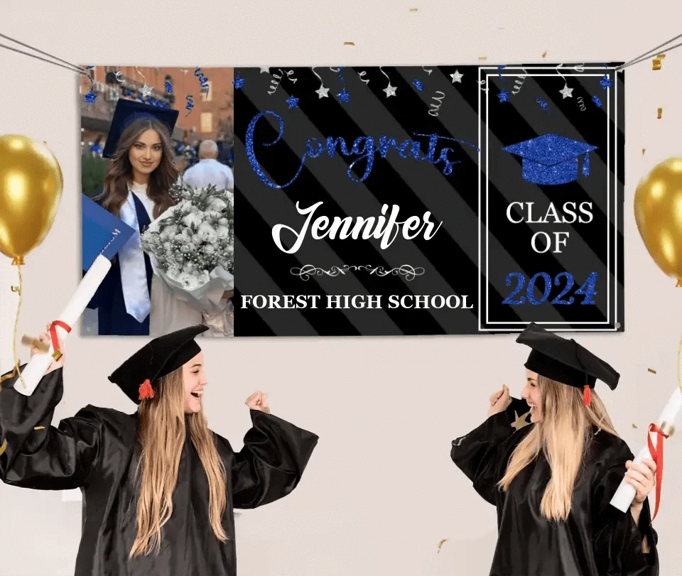 Personalized Graduation 2024 Banner with Glitter, Custom Photo Name