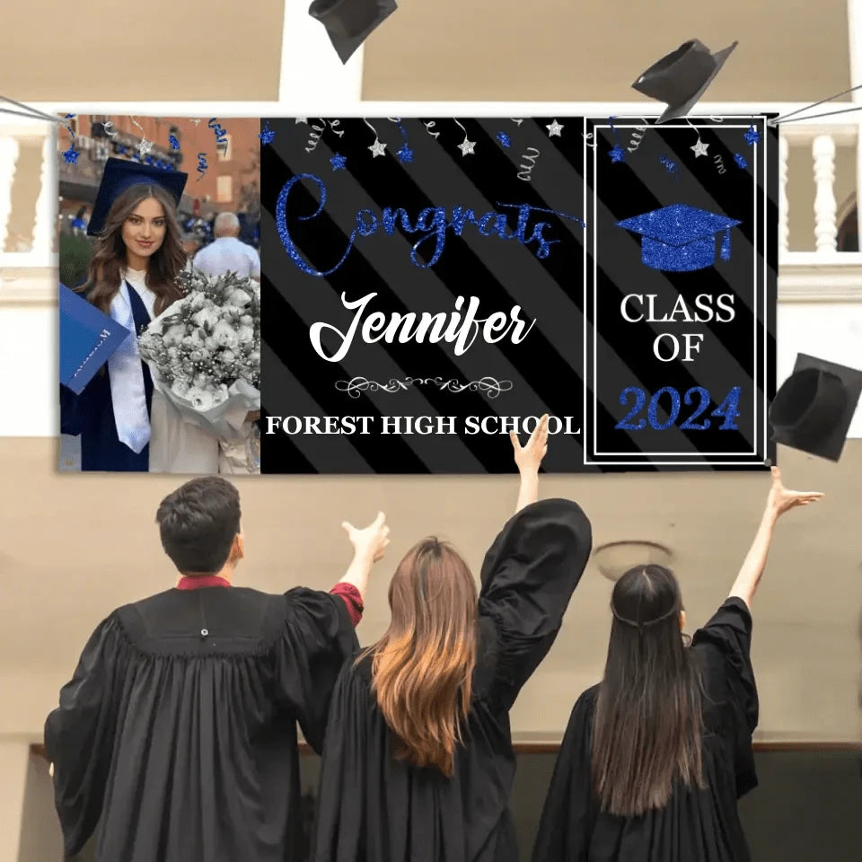 Personalized Graduation 2024 Banner with Glitter, Custom Photo Name