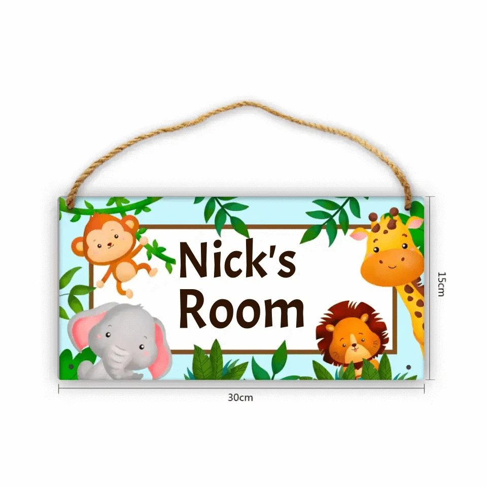 Personalized Name Baby Blue Jungle Animals Door Sign