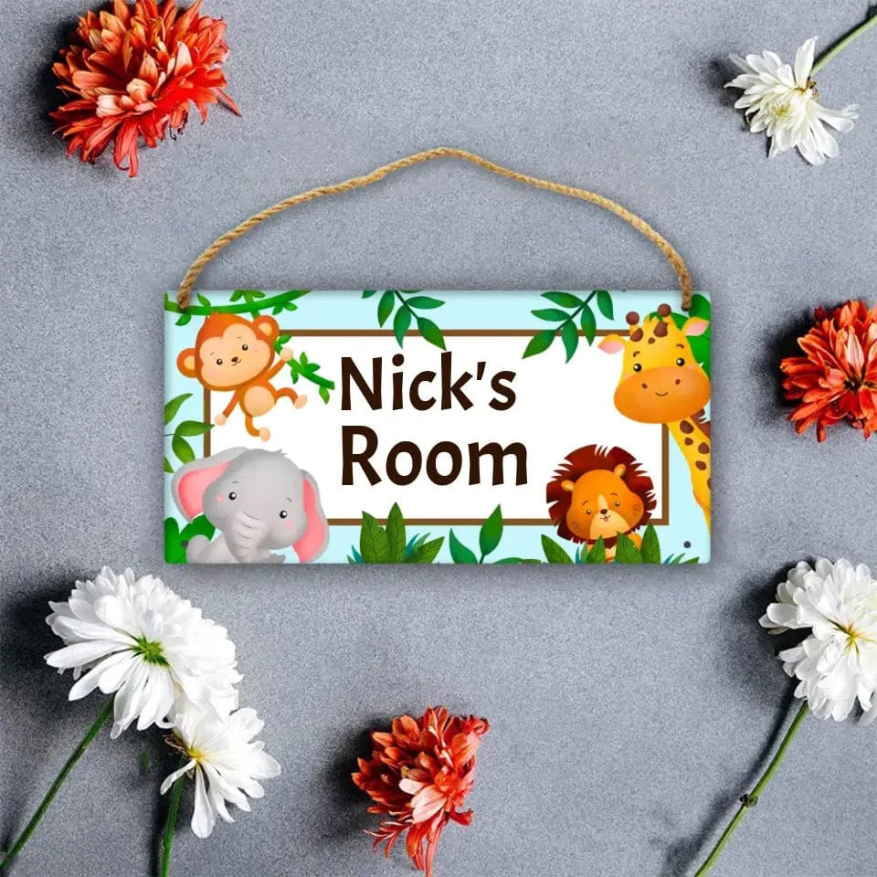 Personalized Name Baby Blue Jungle Animals Door Sign